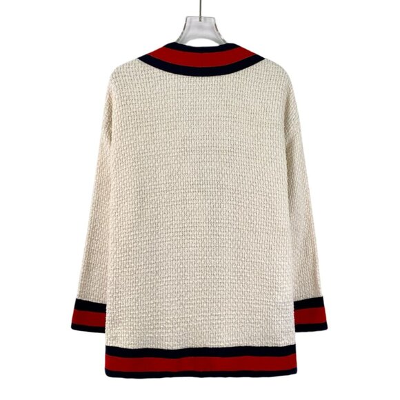 Gucci Beige Red & Navy Striped Tweed V-Neck Coat Pearl Clasp Detailing Cotton Bl - Picture 7 of 7